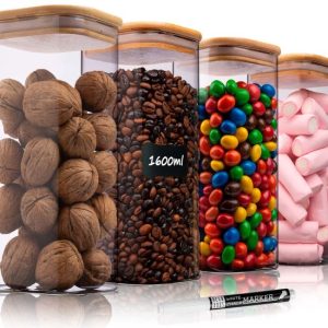 Комплект от 4 буркана за многократна употреба Deco Haus с бамбуков капак - херметически затворени, подходящи за миялна машина и микровълнова фурна - за бисквити, макаронени изделия, сухи храни, зърнени храни, кафе - височина 20 см, ширина 10 см