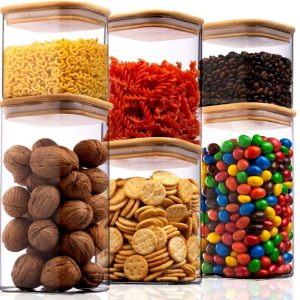 Комплект от 6 чаши Deco Haus за многократна употреба с бамбукови капаци - херметични, подходящи за съдомиялна и микровълнова фурна - за бисквитки, тестени изделия, суха храна, зърнени храни, кафе - височина 2x 20 см/ 2x 16 см/ 2x 11 см, ширина 10 см