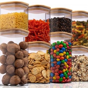 Комплект от 8 чаши Deco Haus за многократна употреба с бамбукови капаци - херметични, подходящи за съдомиялна машина и микровълнова фурна - за бисквити, паста, суха храна, зърнени храни, кафе - височина 2x 20 см/ 4x 16 см/ 2x 11 см, ширина 10 см