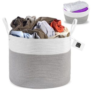 Deco Haus кош за пране - ръчно изработен декоративен от памучно въже - за дрехи, книги, играчки, одеяла, възглавници - сгъваем, преносим кош с дръжки - включва един кош - 35 х 50 см сив